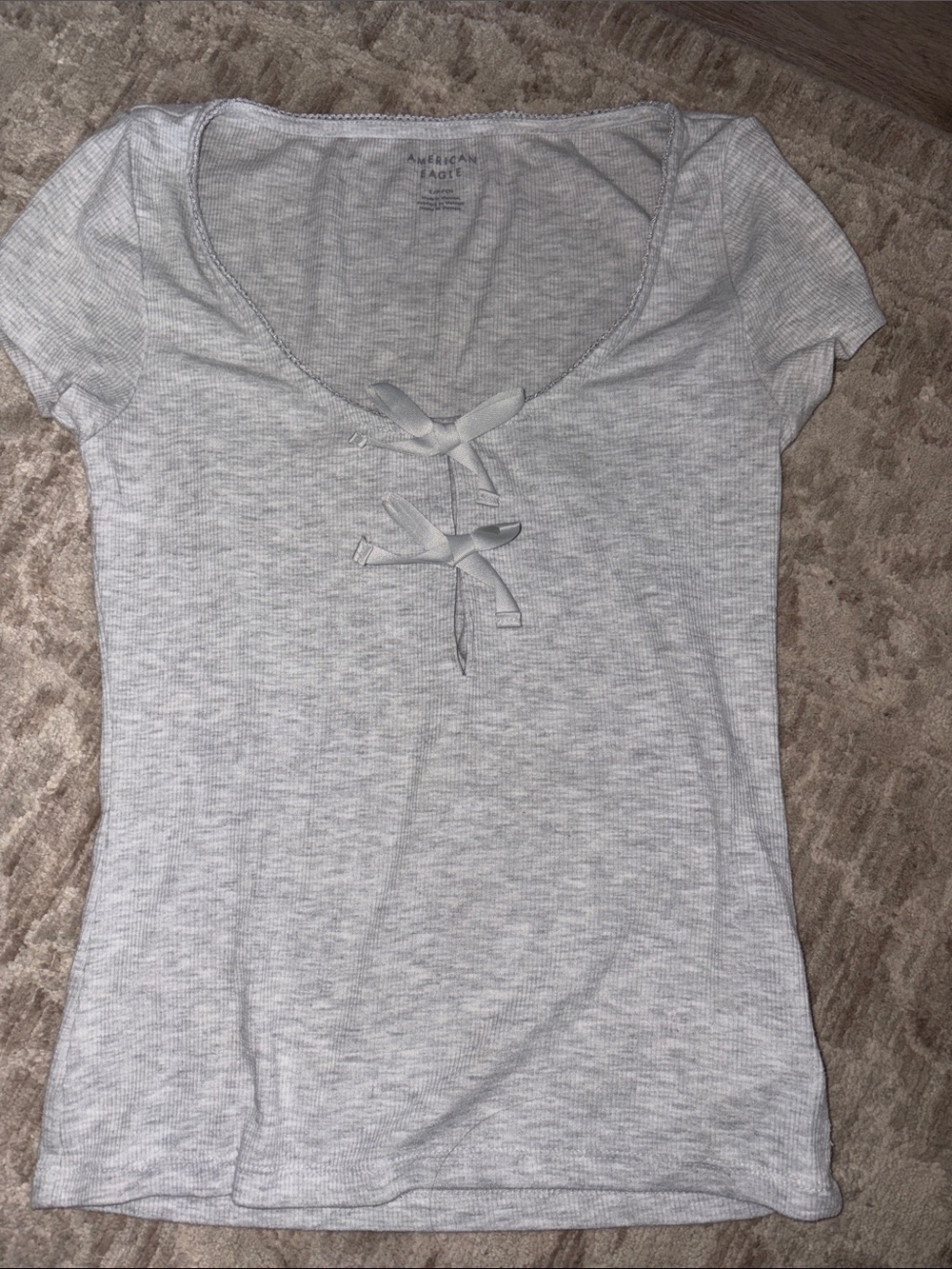 American Eagle Outfitters Grey Ribbed Short Sleeve Top with Lace-Up Front